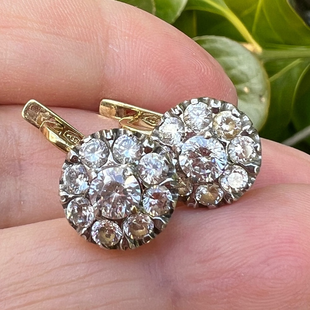 VINTAGE SOLID 14K YELLOW GOLD CZ CLUSTER DROP DANGLE EARRINGS RUSSIAN STYLE LOCK